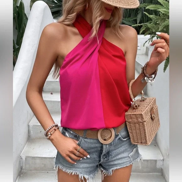 2 Tone Color Block Crisscross Halter Top Blouse Shirt - Picture 5 of 6